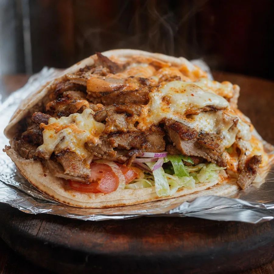 The Kebab Mac — char-grilled doner meat with melted cheese on toasted flatbread