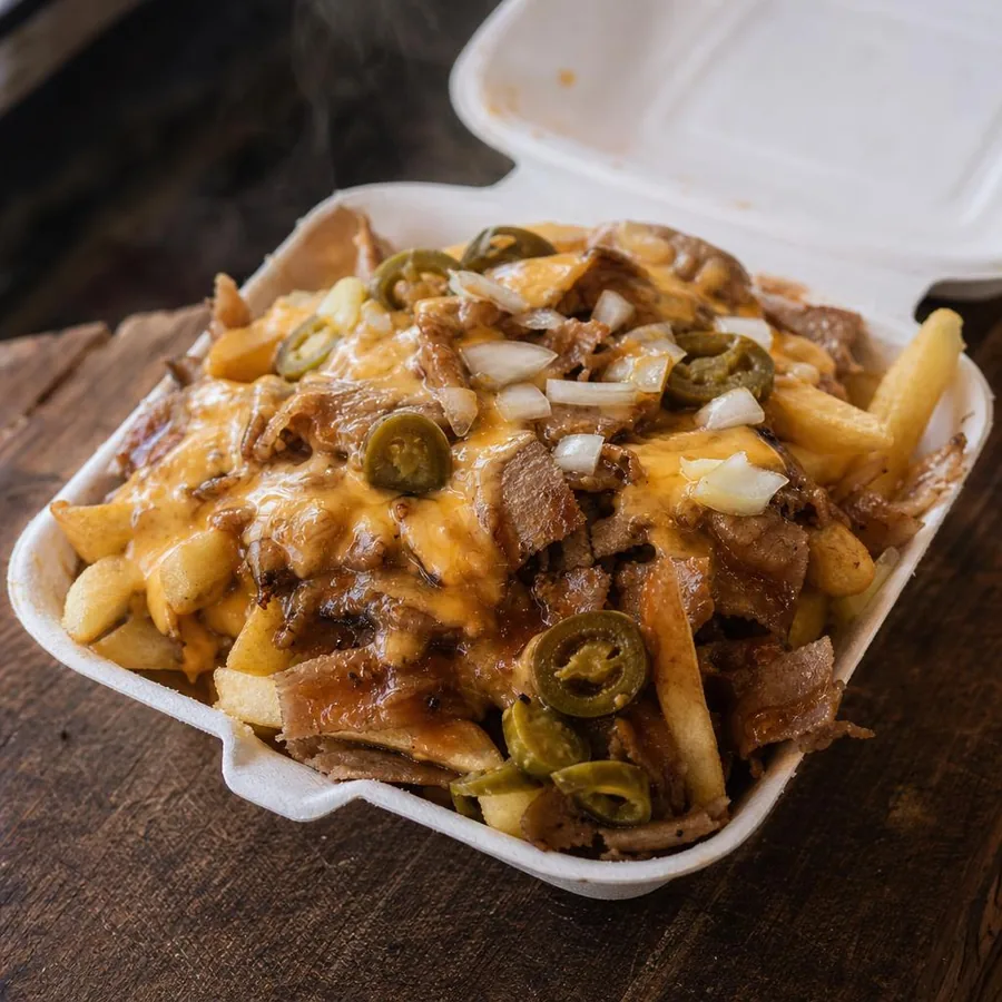 Loaded fries with doner meat and cheese